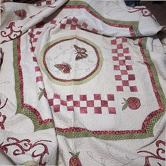 Cracker Barrel Quilt Butterflies Apples Green Red Blocks Swirls Cotton 4 Shams