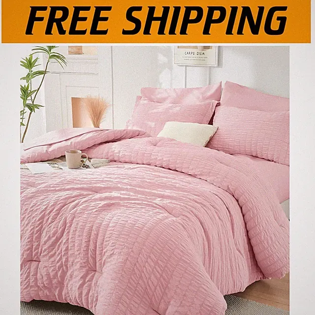 Luxurious Pink Seersucker Comforter Set - All Season 7-Piece Bedding Collection`