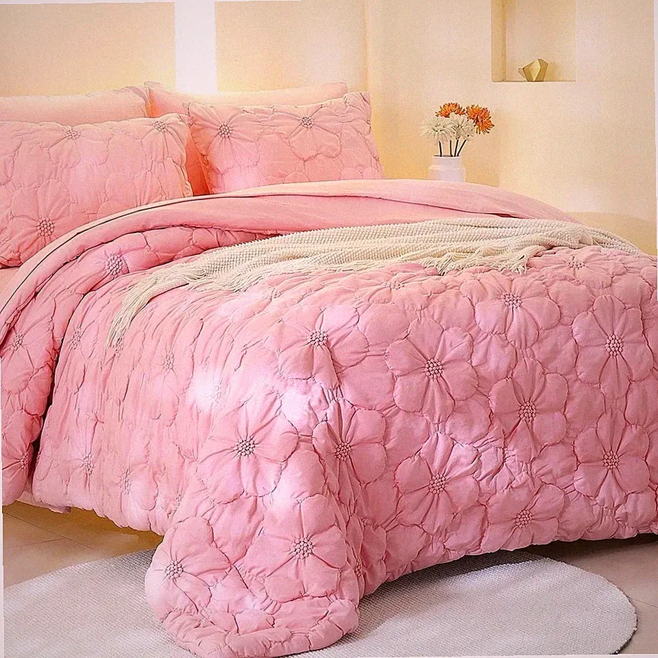 Pink Pinch Pleat Comforter Set Queen Size-7 PCS Bedding Comforter Bed 90" x90"